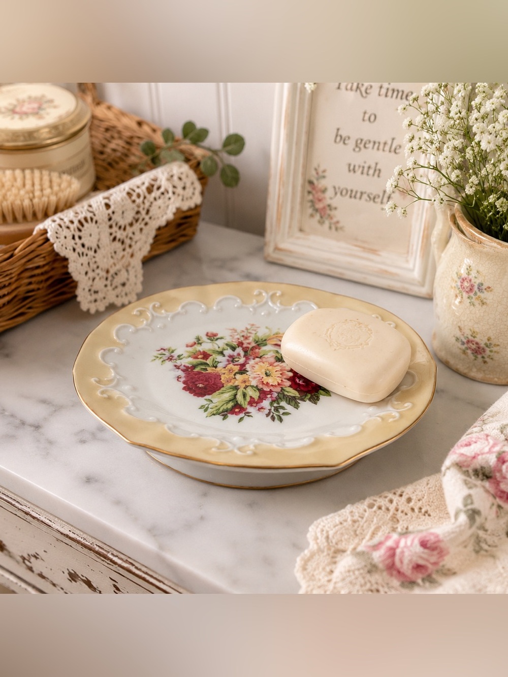 Vintage Floral Porcelain Soap Dish Trinket Cottagecore Shabby Chic Vanity Decor